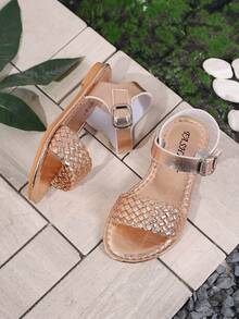 New 2025 Summer Girls' Sandals Breathable Children's Flat Woven Fashion Outdoor Beach Hook And Loop Sandals - Bronze - View 5