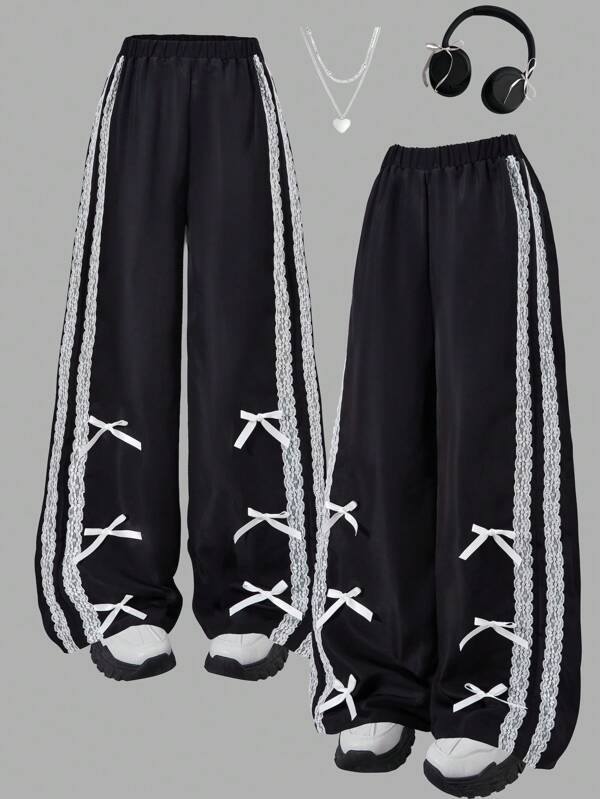 Fashion Girl Casual Black Pants With Lace Webbing And Bow Decorations On Both Sides Of The Legs, Suitable For Spring, Summer, And Autumn Wear, Can Be Used For Spring Outings, Outdoor Activities, Travel, And Daily Wear, Making It An Excellent Gift For Girls
