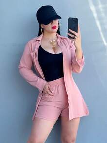Conjunto de 3 piezas elegante camisa larga con botones top basico y short comodo - Rosa - Ver 2