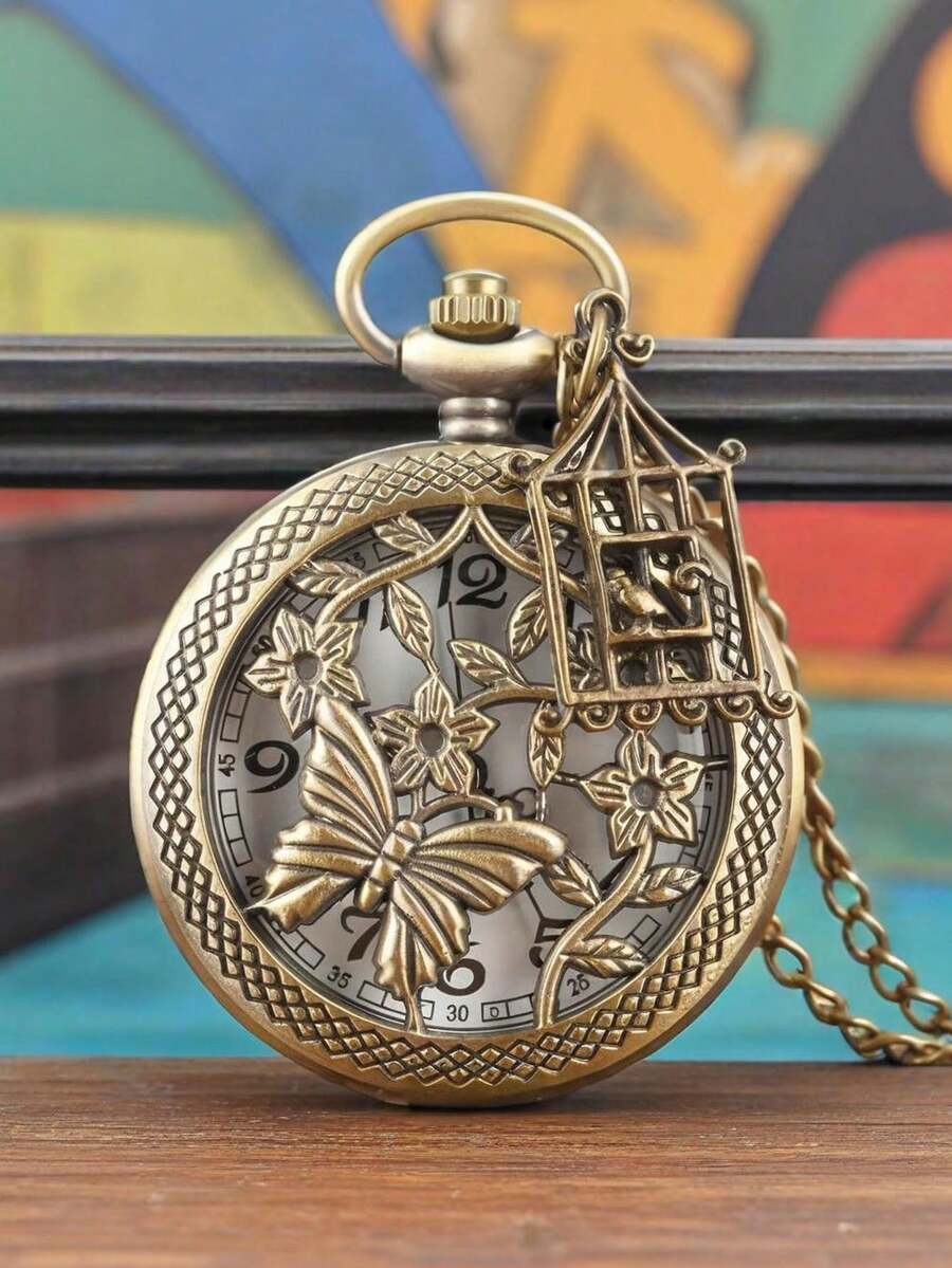 Đồng hồ bỏ túi thạch anh bằng đồng cổ điển với họa tiết bướm và hoa tinh tế được chạm khắc rỗng - Không chống nước, vỏ hợp kim, mặt tròn - Món quà lý tưởng cho các cặp đôi, gia đình và bạn bè. - Đồng - Xem 1