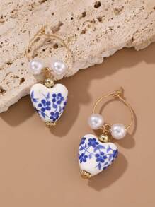 1 Pair Vintage Handpainted Blue And White Porcelain Beaded Earrings, Elegant Dangle Earrings For Women