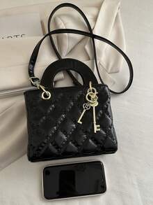 Spring/Summer New Women's Handbag, Toffee Color, Retro Fashion Rhombus Pattern Mini Tote Bag, Square Shape, Zipper Closure, Adjustable Long Shoulder Strap, Small Capacity Lightweight Crossbody Bag - Black - View 4