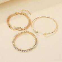 3pcs/Set Elegant & Beautiful 8 Shape Bracelet, Fashionable Commute Versatile Flat Snake Chain Rhinestone Inlay Infinity Symbol Alloy Bracelet - Multicolor - View 3