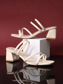 1pair Women's Beige Block Heel Slide Sandals, Soft PU Pull Strap Material Square Toe Dual-Color Rubber Non-Slip Sole, Fashionable Luxury High Heel House Slippers Suitable For Daily Casual, Vacation, Travel, Gathering, Beach Wear, Summer New