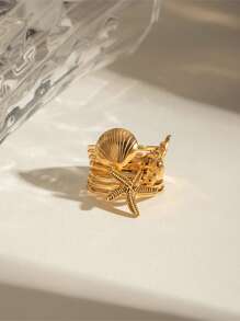 1pc Stainless Steel Beach Starfish, Shell, Seashell Design Ring, Suitable For Women As Daily Accessory, Vacation Wear, Dating, Gift