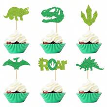 12/24Pcs Dinosaur Cupcake Toppers Green Glitter Roar Dinosaur Cupcake Toppers For Dinosaur Theme BB Shower Birthday Party Cake Decorations Supplies