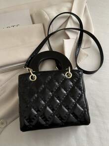Spring/Summer New Women's Handbag, Toffee Color, Retro Fashion Rhombus Pattern Mini Tote Bag, Square Shape, Zipper Closure, Adjustable Long Shoulder Strap, Small Capacity Lightweight Crossbody Bag - Black - View 5