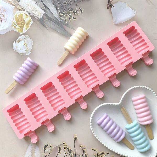 1pc 8-Cavity Candy Cane Shape Ice Cream And Ice Cream Plate Silicone Mold, DIY Chocolate Cake Baking Mold, Silicone Ice Pop Mold