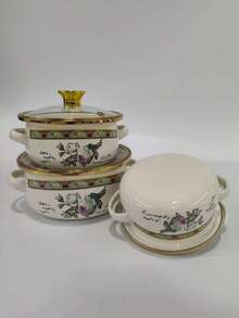 3件套搪瓷涂层炊具套装，包括12厘米、14厘米、16厘米双耳奶锅、搪瓷碗、迷你锅、加厚搪瓷汤锅，适用于电磁炉和燃气灶少量烹饪和食物储存。