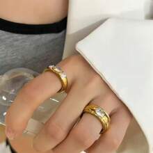 VKHK 1pc 18K Gold Plated Stainless Steel Cubic Zirconia Decorative Single Ring Suitable For Women, Daily Wear And Weddings, Gift