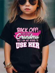 Toddle Girls Cotton Grandma Letter Pattern Short Sleeve T-Shirt, Comfortable Breathable Crew Neck Top, Children's Clothing - 黑色 - 查看 1