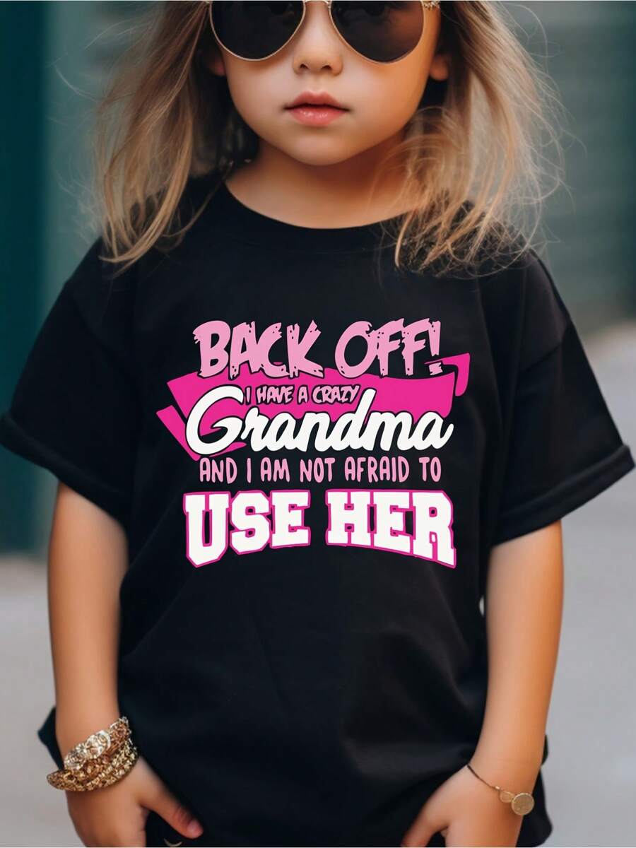 Toddle Girls Cotton Grandma Letter Pattern Short Sleeve T-Shirt, Comfortable Breathable Crew Neck Top, Children's Clothing - 黑色 - 查看 1