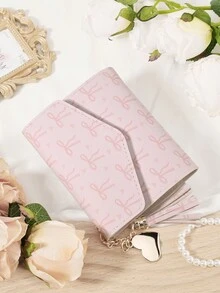 Pink Bow Love Pattern Bag,Small Wallet Coin Pocket Small Wallet Double Fold Women's Wallet Mini, Women's Fashionable Wallet, With Multiple Card Slots And ID Card Window, Very Suitable For Outdoor, Travel And Returning To School