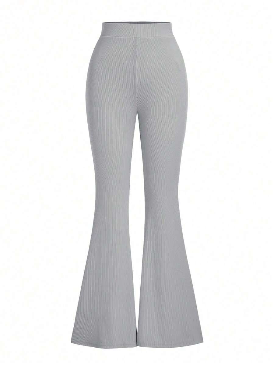 High-Waisted Elastic Solid Color Flared Women Sports Pants, Breathable - Grey - View 1