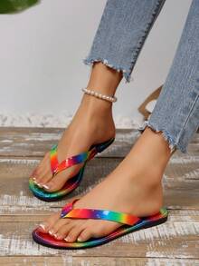 Vibrant, Flip-Flops With Abstract Fluid And Rainbow Patterns Composed Of Colorful Lines And Blocks, Presenting A Lively, Free, And Artistic Visual Effect. Comfortable And Fashionable Flat Slides For Casual Wear And Indoor Use - Multicolor - View 3