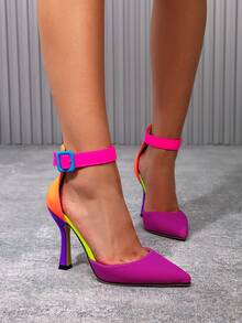 Talons hauts pour femmes, nouvelle mode, bout pointu, élégants, talons fins, polyvalents, chaussures de soirée, blocs de couleurs, bride ajourée, boucle, grande taille - Rose vif - Voir 5