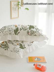 2pcs Set Floral Ruffle Print Pillow Case, Comfortable Breathable Soft Skin-Friendly, Machine Washable, Suitable For Dorm, Bedroom, Hotel, All Seasons Use - White - View 3