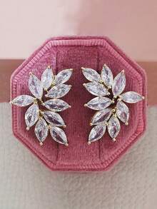 2 件对称叶耳钉女式立方体耳环新娘婚礼优雅珠宝礼物生日周年纪念订婚万圣节