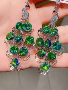 1 Cặp bông tai pha lê thả hình con công nhiều màu cao cấp, khuyên tai hình động vật thanh lịch dành cho phụ nữ - màu xanh lá - Xem 2
