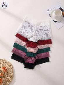 6 PCS Women's Sexy Lace Boxer Shorts Mid Waist Seamless Panties Tummy Control &Butt Lifter Stretch Lingerie Comfortable And Breathable Briefs Sports Underwear