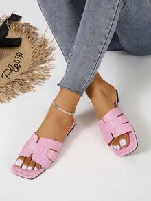 Women's Fashion Square Toe Flat Slip-On Sandals, Versatile Design For Spring Summer - Pink - View 3