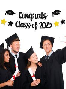 1 Set Graduation Theme Star Hat And Congratulations 2025 Banner, Suitable For Graduation Ceremony And Party - Multicolor - View 2