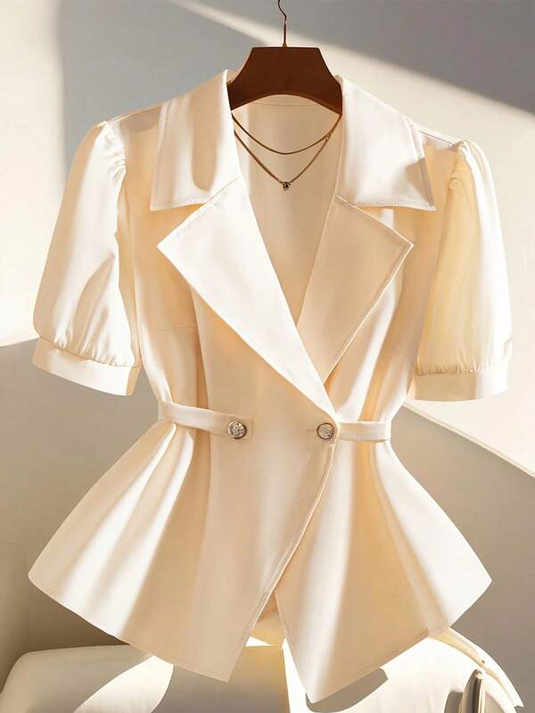 Women Short Sleeve Solid Color Blazer Jacket, Fashionable For Summer