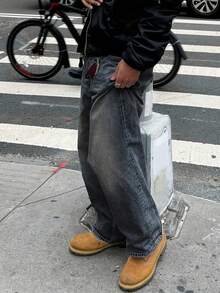 Straight Leg Cotton Washed Jeans, Personalized Versatile Wide Leg Washed Jeans, Couples Loose Straight Cut - Light Wash - View 2