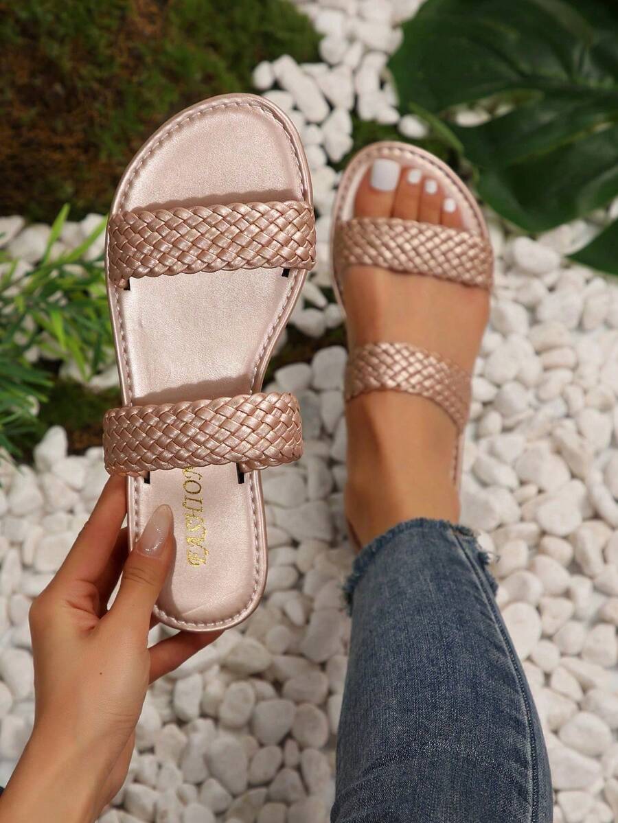 Nouvelles sandales plates à bride double tressée, style minimaliste, bout rond, confortable, pour femmes grandes tailles. Style casual, mode, plage, chaussures d'été - Or rose - Voir 1