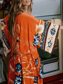 1 Piece Of Flower-Printed Elegant Fabric Belted Ladies' Home Robe, Suitable For Wearing On The Beach And At Home, Suitable For All Seasons. - 橘色 - 查看 4
