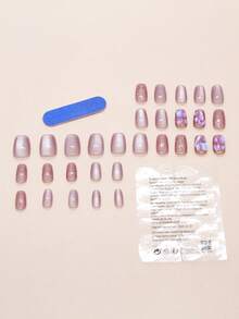 Bộ 24 móng tay giả hình vuông ngắn trong suốt màu tím nhạt mắt mèo, thích hợp cho nữ, sinh viên, nhân viên văn phòng, dùng hàng ngày, móng tay giả - Nhiều màu - Xem 2