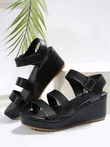Women's Strap Buckle Decor Round Toe Thick Platform Wedge Sandals, Fashionable And Casual - Black - View 6