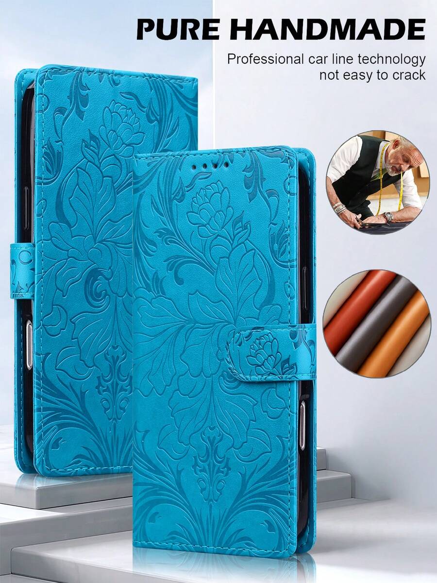 Funda de cartera con estampado floral de piel sintética (PU), diseño de borde plegable con ranuras para tarjetas y correa, protección integral para varios modelos de teléfonos inteligentes