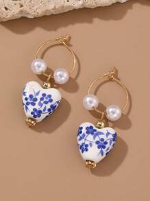 1 Pair Vintage Handpainted Blue And White Porcelain Beaded Earrings, Elegant Dangle Earrings For Women