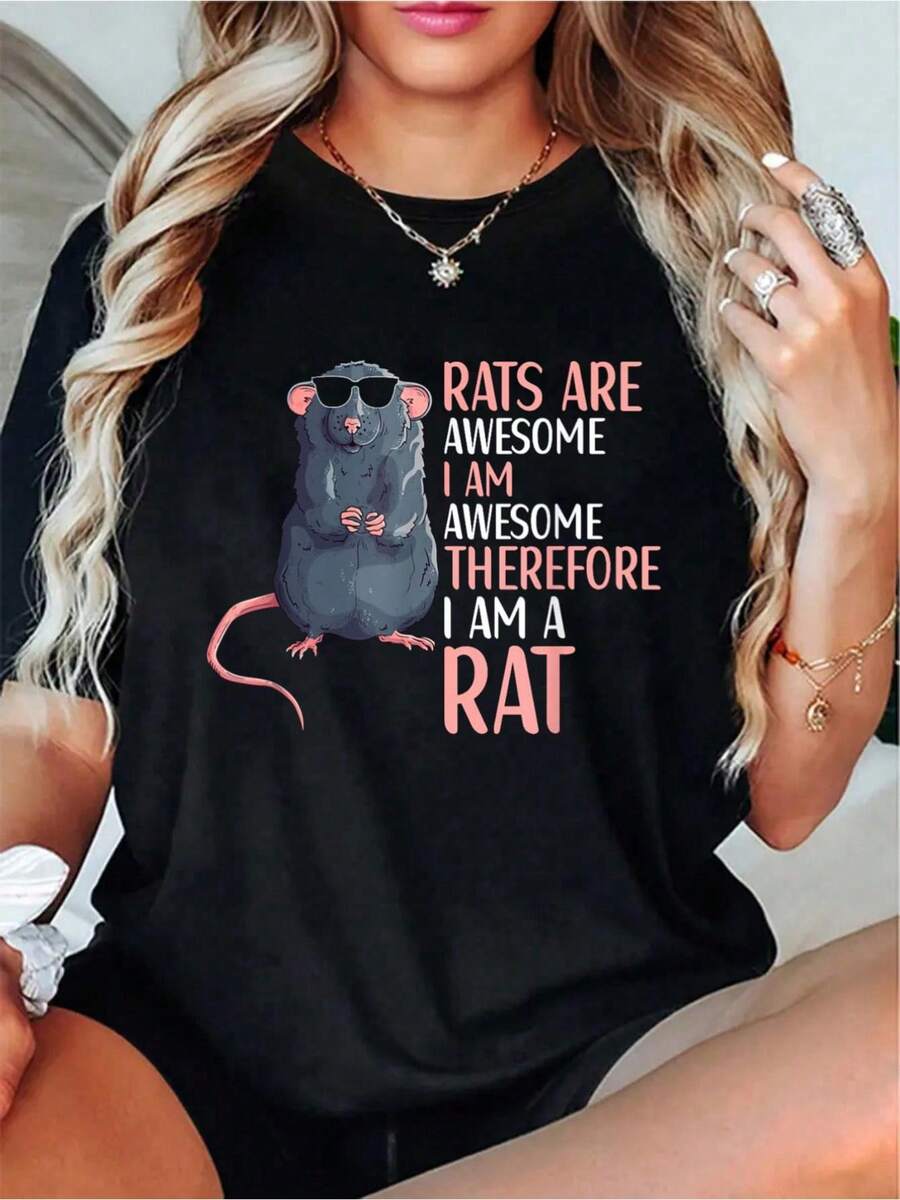 Rats Are Awesome Funny Rat Lover Apparel T-Shirt - Soft 100% Cotton Summer Tops Shirts, Vacation Outfits Women, Going Out Tops Women For Spring & Summer, Graphic Tees For  Sport Lovers - Black - View 1