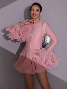 Modphy New Elegant Women's Long Button Asymmetric Floral Patchwork Flared Sleeve Slim Fit Mini Dress, Suitable For Wedding Guest, Holiday, Birthday Party, Formal Evening Gala, Carnival, Easter, Prom Dress - Pink - View 1