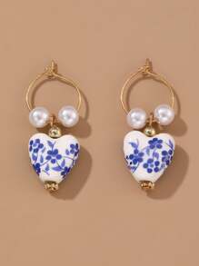 1 Pair Vintage Handpainted Blue And White Porcelain Beaded Earrings, Elegant Dangle Earrings For Women