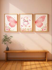 3pcs Frameless Personalized Custom Name Wall Art, Elegant Butterfly And Floral Design Canvas Prints, Customizable Kids Room Decor, Nursery Art, Aesthetic Pink Wall Posters, Unique Gift For Girls, Perfect For Birthdays,Multi-Functional,Ornamental,Letter,Stylish,Modern,Colorful,Cute,Adorable,Casual,Custom,Personalised,Unique,Customized,Ideal Gifts For Him,Ideal Gifts For Her