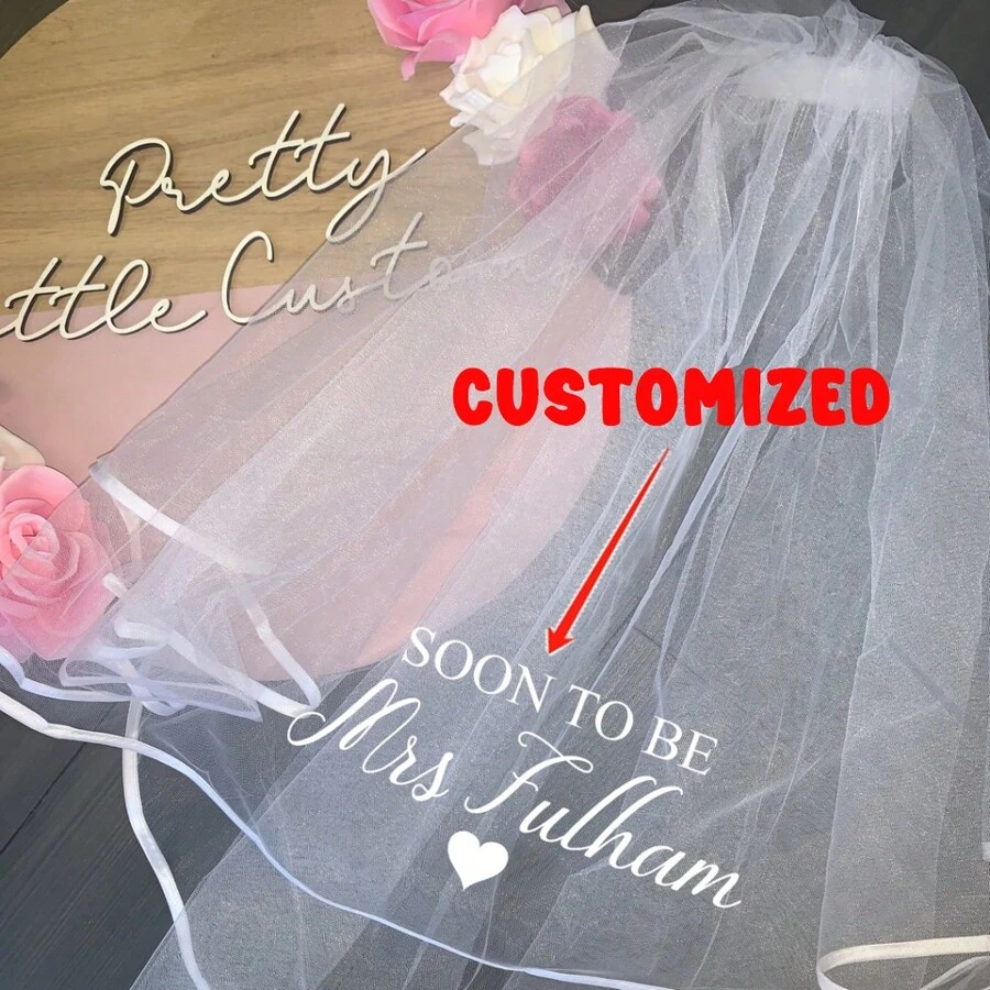 Personalised Soon To Be Mrs (Your Name) Hen Party Veil - Bride, Bridal - Heart Print - White - View 1