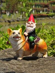 Charming Gnome Statue Riding A Corgi In The Garden - Resin Sculpture For Indoor/Outdoor Decoration, Perfect For Patio, Lawn Or Holiday Display Gnome Garden Decoration - Multicolor - View 10