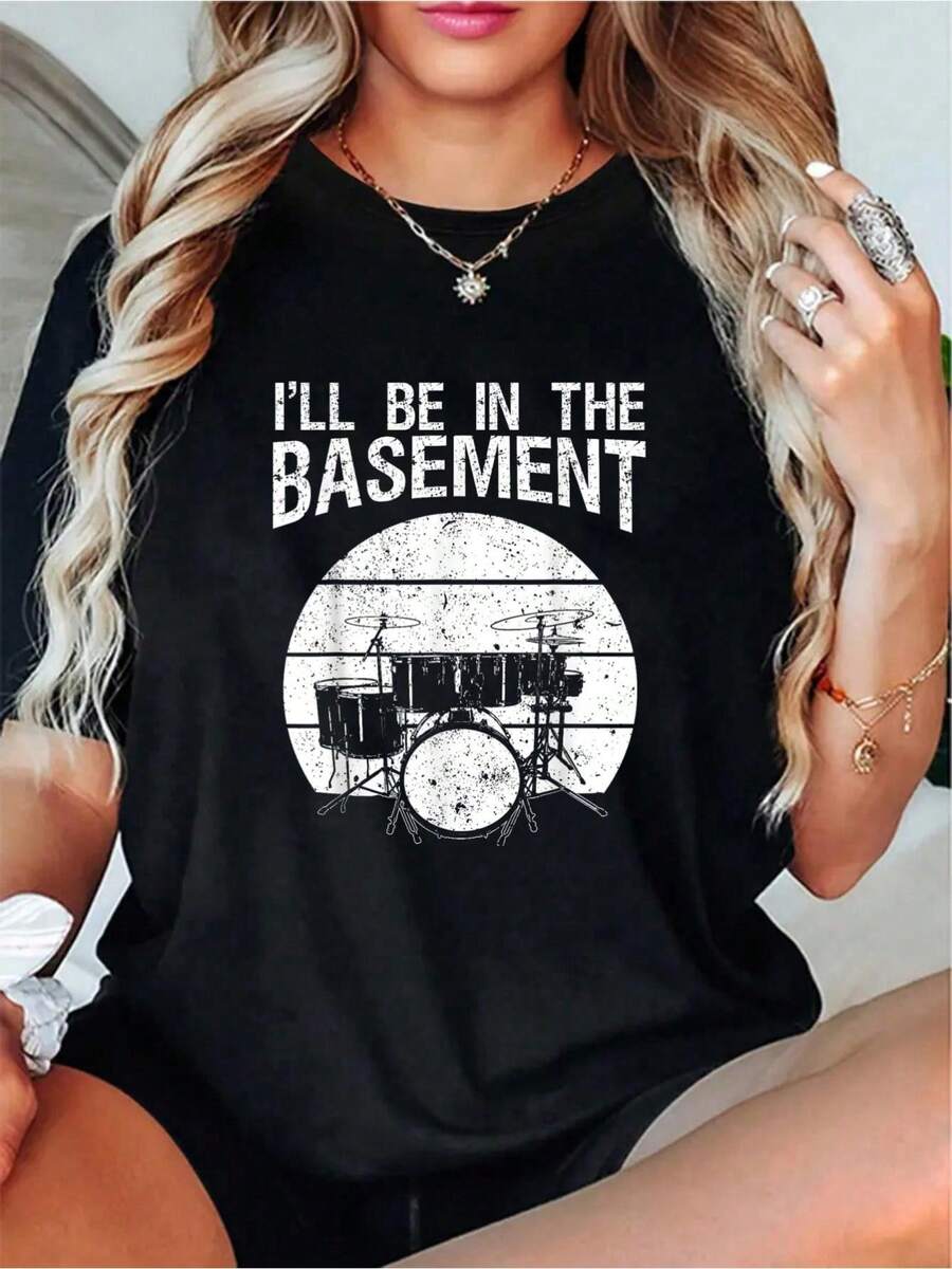 Funny Drummer Art For Men Women Drum Set Drumming Lovers T-Shirt - Soft 100% Cotton Summer Tops Shirts, Vacation Outfits Women, Going Out Tops Women For Spring & Summer, Graphic Tees For  Sport Lovers - Black - View 1