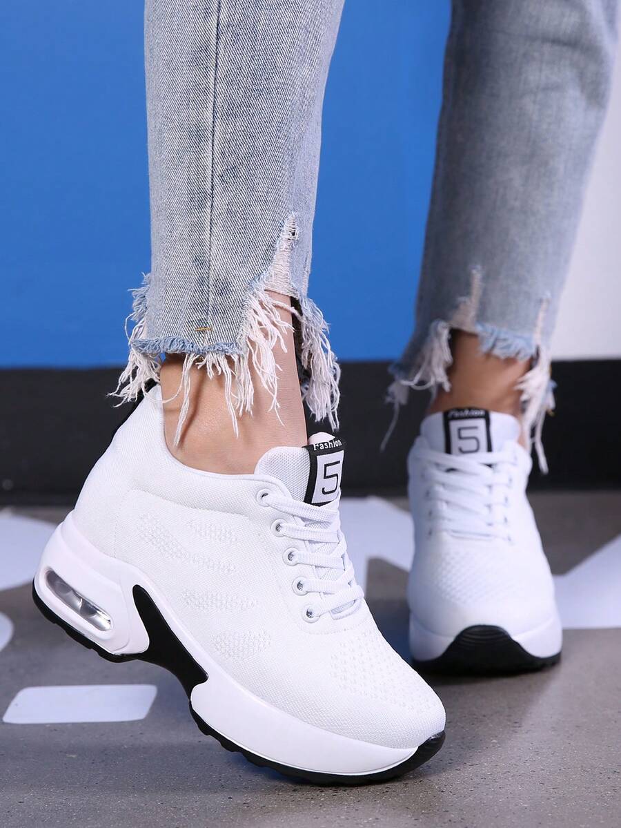 New Spring/Autumn Plus Size Breathable Cushioned Lightweight Platform Fabric Casual Shoes, White Wedge Thick Bottom Sneakers, Elevator Shoes, Women Sports Shoes With Height Increase, White High Heel Thick Bottom Elevator Shoes, Men's Elevator Shoes, Men's Thick Bottom Shoes, Lace-Up Minimalist Couple Travel Shoes Ins, High Thick Bottom Sports Shoes For Women, Women Elevator Shoes, Invisible Increased Height Women Shoes, Women Thick Bottom Wedge Sneakers - White - View 1