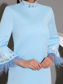 Modphy 2025 New Elegant High Collar Rhinestone Faux Feather Flare Sleeve Slim Fit Long Dress, Women's Formal Dress For Graduation, Party, Banquet, Gown, For Evening, Wedding Guest - Baby Blue - View 8