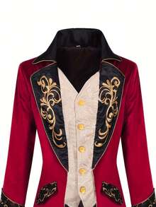 欧美男士蒸汽朋克中世纪刺绣燕尾服夹克，万圣节舞台表演服装 - 酒紅色 - 查看 3
