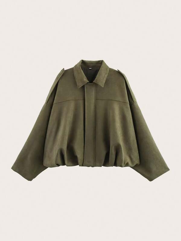 Suede Faux Fur Solid Color Casual Long Sleeve Bomber Jacket, Suitable For Spring & Autumn