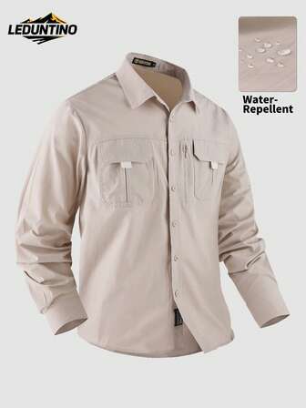 LEDUNTINO [Primavera/Verão] Camisa casual masculina com botões, verde sólido, esportiva, cargo, presente para marido/namorado, camisa masculina de manga comprida primavera/outono, vários bolsos, elástica, camisa de lapela com bolso com zíper, roupas de primavera/outono para homens