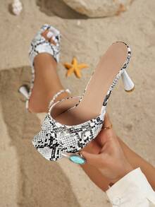 Leopard Mule Heels With Sexy Open Toes, High - Heeled Elegance - Black and White - View 2