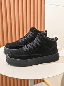 Men's Retro Classic Black High Top Flat Casual Sneakers, Comfortable Stylish High Street Fashion Skateboard Shoes - Black - View 5