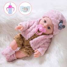 12 Inch Reborn Doll Simulation Doll With Flexible And Movable Limbs, Pink Plush Clothes, Hat, Pacifier, Bottle, Diaper, Perfect Gift For Baby's Holiday, Birthday!