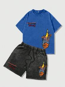 Conjunto de camiseta y pantalones cortos con estampado de letra y llama vintage lavado para hombre Hemo - Negro - Ver 1